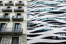 Modern and old facade of a building,Passeig de Gracia,Barcelona,Spain
