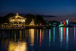 Pavilion with bar on the shore of Lake Constance at night, Bregenz, Vorarlberg, Austria