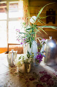 Still life with antique coffee pot and summer flowers, Freiamt, Emmendingen, Baden-Wuerttemberg, Germany