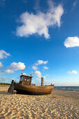 Fishing cutter at the beach, Ahlbeck, Usedom island, Baltic Sea, Mecklenburg Western-Pomerania, Germany