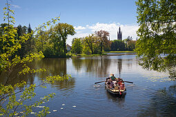 Boat trip on the lake, view to church of St Petri, Woerlitz, UNESCO world heritage Garden Kingdom of Dessau-Woerlitz, Saxony-Anhalt, Germany