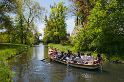 Boat trip on the lake, view towards the church of St Petri, Woerlitz, UNESCO world heritage Garden Kingdom of Dessau-Woerlitz, Saxony-Anhalt, Germany