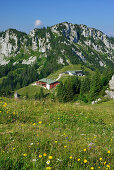View to restaurant Sonnenalm and top station of Kampenwand cable car, Kampenwand, Chiemgau Alps, Chiemgau, Upper Bavaria, Bavaria, Germany