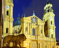 Illuminated Theatine Church, Odeonsplatz, Munich, Upper Bavaria, Bavaria, Germany