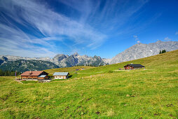 View over Gotzenalm with alpine huts to Steineres Meer and Watzmann massif, Gotzenalm, Berchtesgaden National Park, Berchtesgaden Alps, Upper Bavaria, Bavaria, Germany