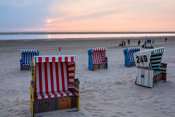 Beach chairs at dusk on the beach, Langeoog Island, North Sea, East Frisian Islands, East Frisia, Lower Saxony, Germany, Europe