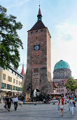 Fountain 'Ehekarussell', 1984 by Juergen Weber, Weisser Turm tower and church of St. Elisabeth, Ludwig Square, Nuremberg, Middle Franconia, Bavaria, Germany