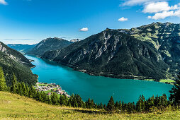 View over lake Achensee with Maurach and Pertisau, Eben am Achensee, Tyrol, Austria