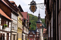 Saigerturm tower and half-timbered houses, Stolberg, Harz, Saxony-Anhalt, Germany, Europe