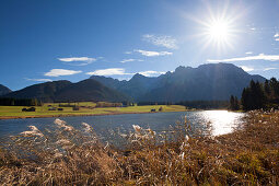 View over lake Schmalensee to the Karwendel mountains, near Mittenwald, Bavaria, Germany
