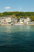 View over river Meuse to market La Batte and citadel, Liege, Wallonia, Belgium