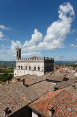 View from terrace of Palazzo Ducale to Palazzo dei Consoli town hall in the historic center of Gubbio, St. Francis of Assisi, Via Francigena di San Francesco, St. Francis Way, Gubbio, province of Perugia, Umbria, Italy, Europa