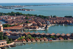 Aerial view of the Venetian Arsenal with shipyards, armories and docks, Navy, Venice, Veneto, Italy