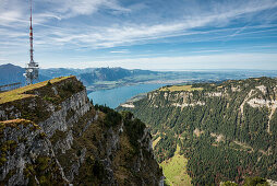 Niederhorn with view over Lake Thun and Thun, Beatenberg, Bernese Oberland, Canton of Bern, Switzerland