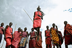 Young warriors from the Morani Massai tribe dancing the Adumu, Kenya, Africa