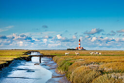 Westerhever Lighthouse, Eiderstedt peninsula, North Sea coast, Northern Frisia, Schleswig-Holstein, Germany