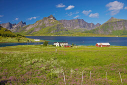 Holzhaus, Andopsnes am, Selfjord, Lofoteninsel Moskenes, Lofoten, Provinz Nordland, Nordland, Norwegen, Europa