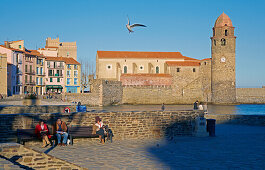 Ehemaliger Fischerhafen von Collioure mit Église Notre-Dame-des-Anges, Côte Vermeille, Mittelmeer, Dept. Pyrénées-Orientales, Roussillon, Frankreich, Europa