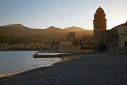 Strand von Collioure mit Église Notre-Dame-des-Anges und Château Royal des Templiers, Côte Vermeille, Mittelmeer, Dept. Pyrénées-Orientales, Roussillon, Frankreich, Europa