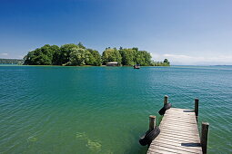 Jetty and Roseninsel, Feldafing, Lake Starnberg, Upper Bavaria, Bavaria, Germany