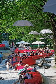 Sommer-Kulturstrand, beach on Praterinsel, Munich, Upper Bavaria, Bavaria, Germany