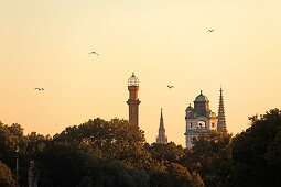 Towers of Muellersches Volksbad, Mariahilfkirche and Heilig-Kreuz-church, Munich, Upper Bavaria, Bavaria, Germany