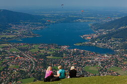 Three women enjoying the view from Wallberg, Rottach-Egern, Lake Tegernsee, Upper Bavaria, Bavaria, Germany