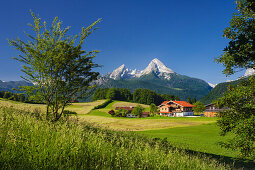 Bauernhof, Felder, Watzmann, Aschauerweiherstraße, Berchtesgadener Land, Bayern, Deutschland