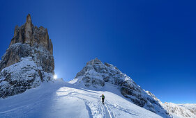 Female back-country skier ascending to Cristallo wind gap, Cristallo, Dolomites, Belluno, Veneto, Italy
