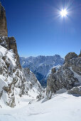 Piz Popena, Sorapiss und Monte Cristallo im Hintergrund, Cristallo Scharte, Cristallo, Dolomiten, Belluno, Venetien, Italien