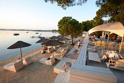 Beach bar of a hotel in the evening, Vourvourou, Sithonia, Chalkidiki, Greece
