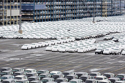 Neufahrzeuge verschiedener Hersteller auf einem Verladeparkplatz vor der Verschiffung in Bremerhaven, Deutschland