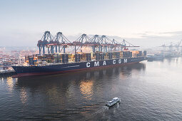 Beladen und Entladen des Containerschiffes CMA CGM Marco Polo im Container Terminal Burchardkai in Hamburg, Deutschland