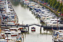 View from the tower of the Grote Kerk to Port de Plaisance with boats in the old city of Dordrecht, Province of Southern Netherlands, South Holland, Netherlands, Europe