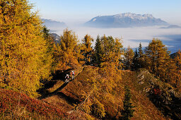 Mountainbiker auf dem Feuerpalven, Nebel über dem Königssee, Untersberg im Hintergrund, Berchtesgadener Land, Oberbayern, Bayern, Deutschland