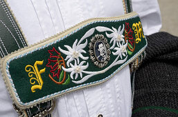 Part of a Bavarian lederhosen suspenders, Chiemsee, Chiemgau, Upper Bavaria, Germany