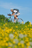 Junge Frau fährt Rennrad, Oberbayern, Bayern, Deutschland