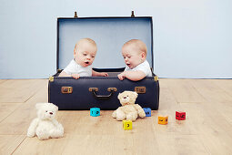 Two baby boys sitting in suitcase looking at toys
