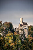 View of Lichtenstein castle during autumn, Swabian Alp, Baden-Wuerttemberg, Germany