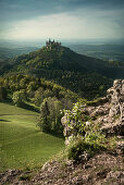 view from Zeller mountain towards Hohenzollern castle, Hechingen Bissingen, Swabian Alp, Baden-Wuerttemberg, Germany