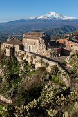 Church Santa Madonna della Rocca, Mount Etna in background, Taormina, Messina, Sicily, Italy