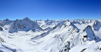 Blick über Schrandele, Schrankogel, Geißlehnkogel und Kühlehnkarschneid auf Ötztaler Alpen im Hintergrund, Längentaler Weißerkogel, Sellrain, Stubaier Alpen, Tirol, Österreich