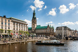 View over lake Binnenalster to Hamburg Rathaus, Hamburg, Germany