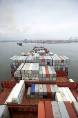 Container ship arriving harbor, Rotterdam, South Holland, Netherlands