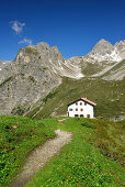 Hut Steinseehuette with Steinkarspitze, Lechtal Alps, Tyrol, Austria