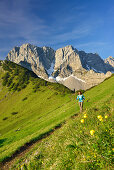 Woman hiking along trail, Lamsenspitze, Schafkarspitze and Hochglueck in background, Karwendel, Tyrol, Austria