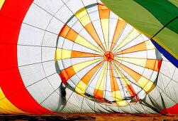 Interior of a hot air balloon being inflated, near Manacor, Mallorca, Balearic Islands, Spain, Europe