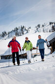 Three senior adult persons nordic walking in snow, Fageralm, Salzburg, Austria