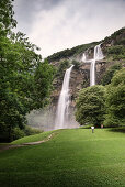 The two cascades of waterfall Cascata dell' acquafraggia, Lake Como, Lombardy, Italy