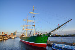 River Elbe with museum ship Rickmer Rickmers and Elbphilharmonie in background, Landungsbruecken, Hamburg, Germany